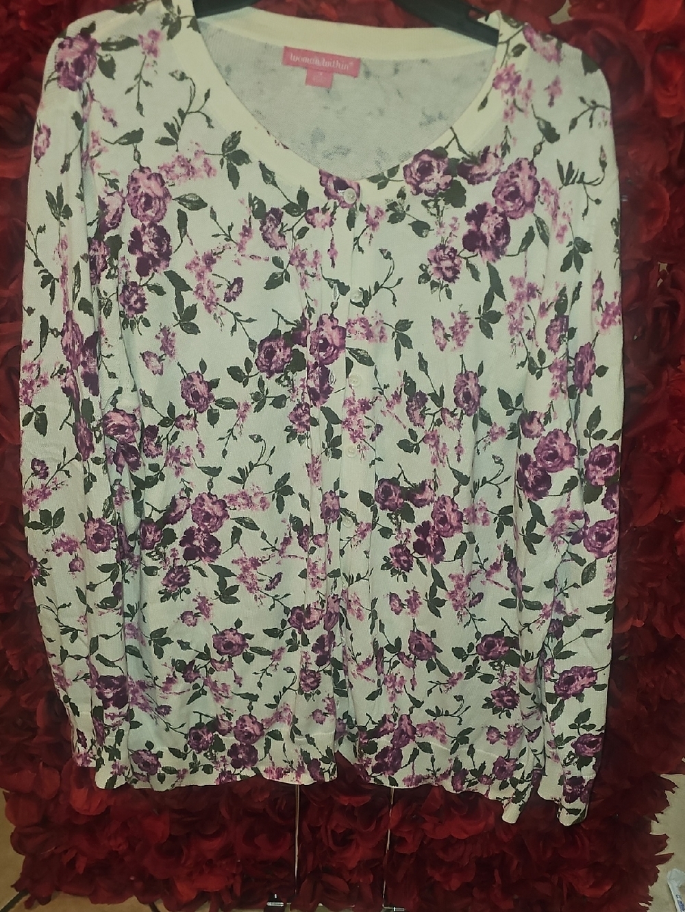 Woman Within Cream Cardigan with Purple/Pink Floral Pattern Size 1X 22/24